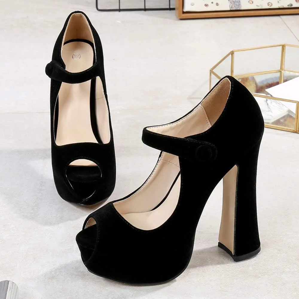 OCHENTA Women's Peep Toe Platform High Heels Ankle Strap Pumps Chunky Heels for Party Daily Wear