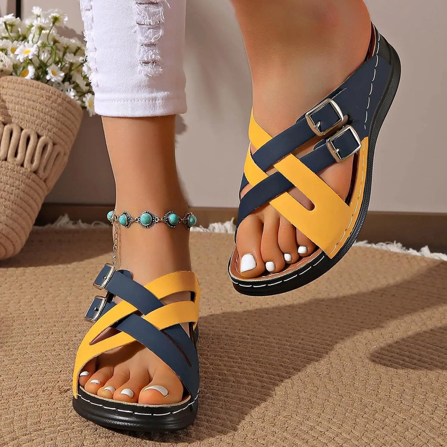 Orthopedic Sandals for Women Heels Open Toe Platform Sandals Adjustable Buckle Ankle Strap Casual Beach Shoes Lightweight Beach Vacation Walking Sandal Arch Support Slip on Shoe