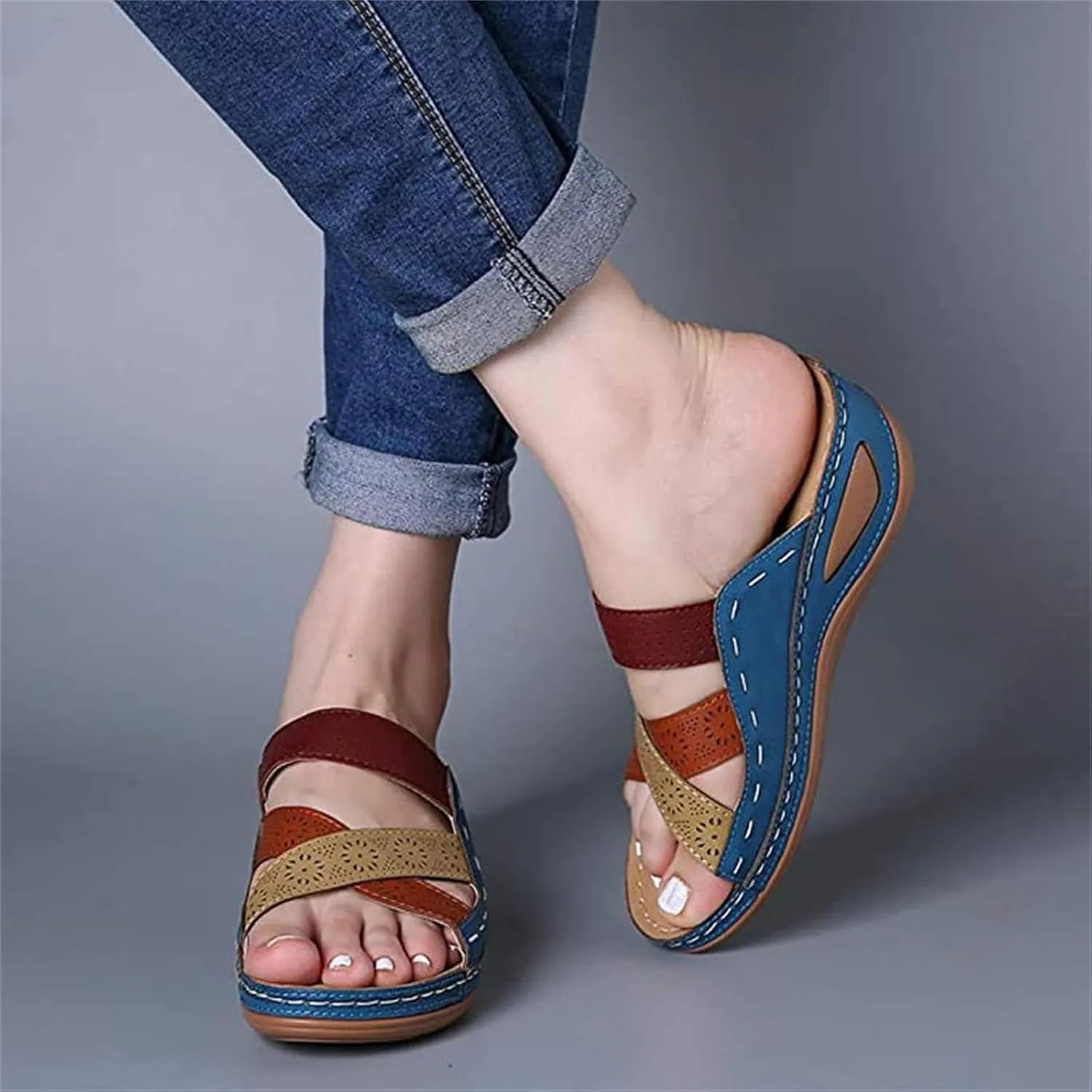 Platform Sandals for Women Summer Dressy Hollow Slip on Open Toe Soft Sole Sandals Orthopedic Slippers Beach Vacation Shoes