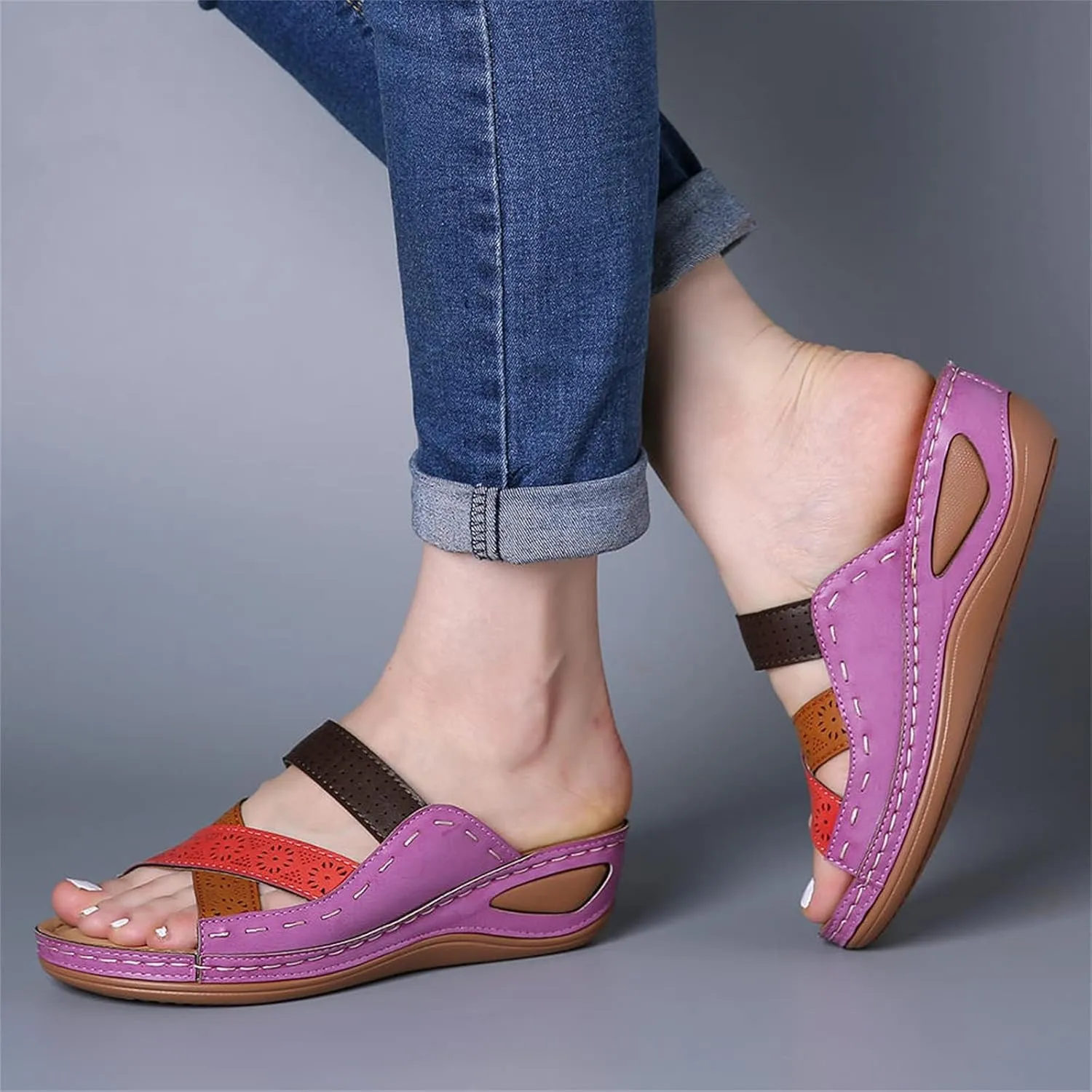 Platform Sandals for Women Summer Dressy Hollow Slip on Open Toe Soft Sole Sandals Orthopedic Slippers Beach Vacation Shoes