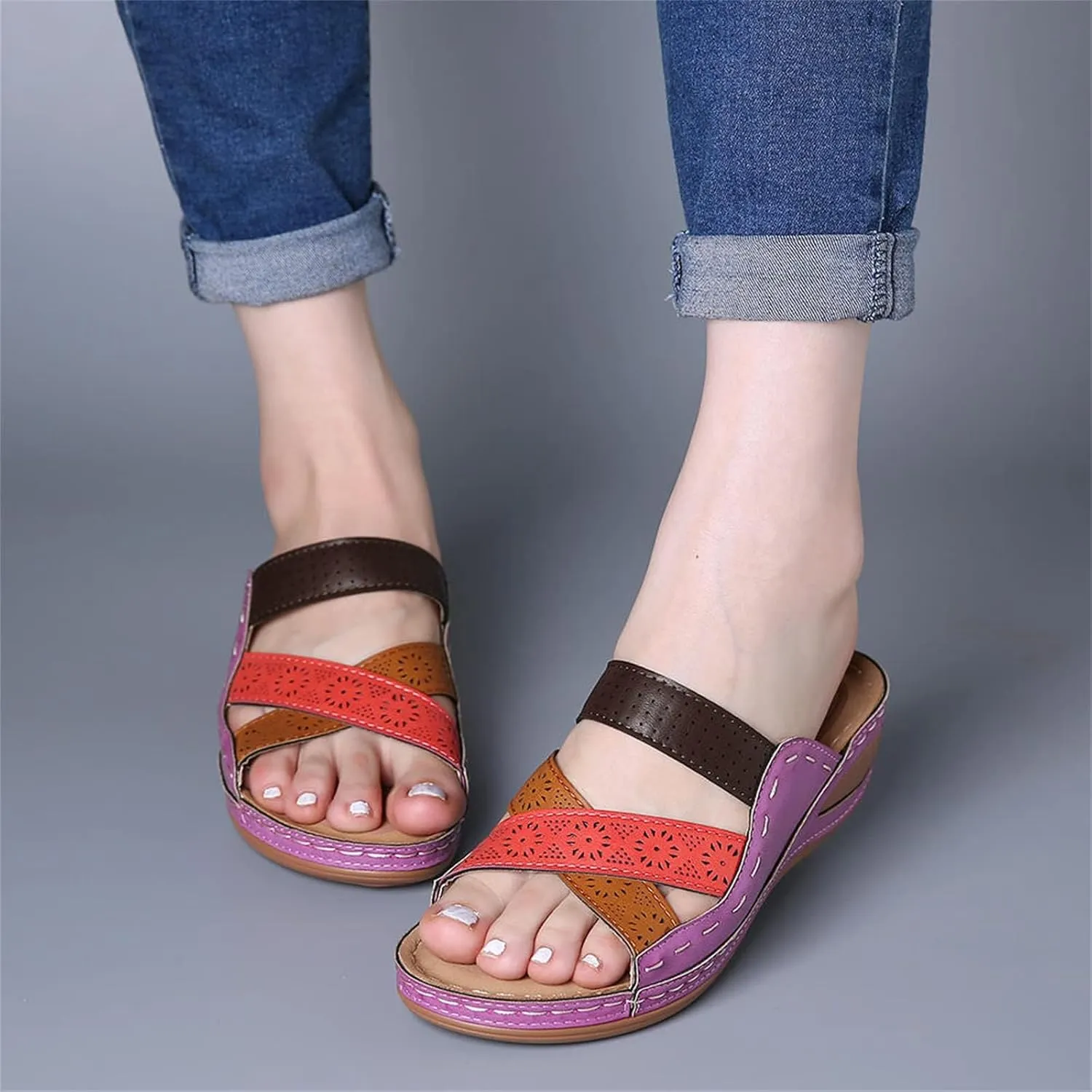 Platform Sandals for Women Summer Dressy Hollow Slip on Open Toe Soft Sole Sandals Orthopedic Slippers Beach Vacation Shoes