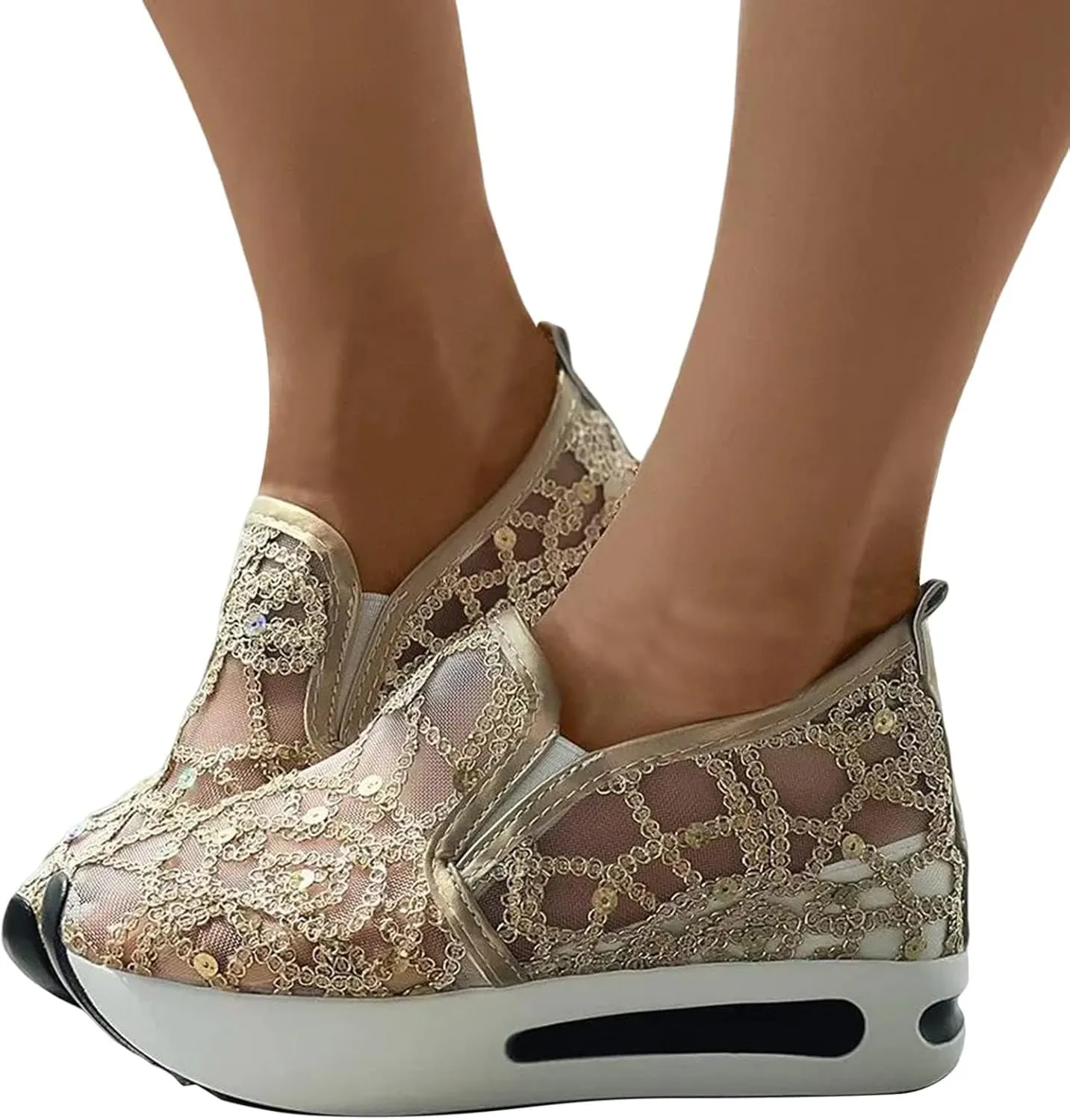 Platform Wedge Sneakers for Women Slip on Loafers Comfortable Thick Soft Shoes Arch Support Walking Work Shoes Breathable Sheer Mesh Lace Fashion Shoe Comfort Sneaker