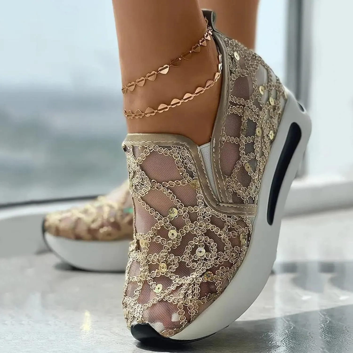 Platform Wedge Sneakers for Women Slip on Loafers Comfortable Thick Soft Shoes Arch Support Walking Work Shoes Breathable Sheer Mesh Lace Fashion Shoe Comfort Sneaker