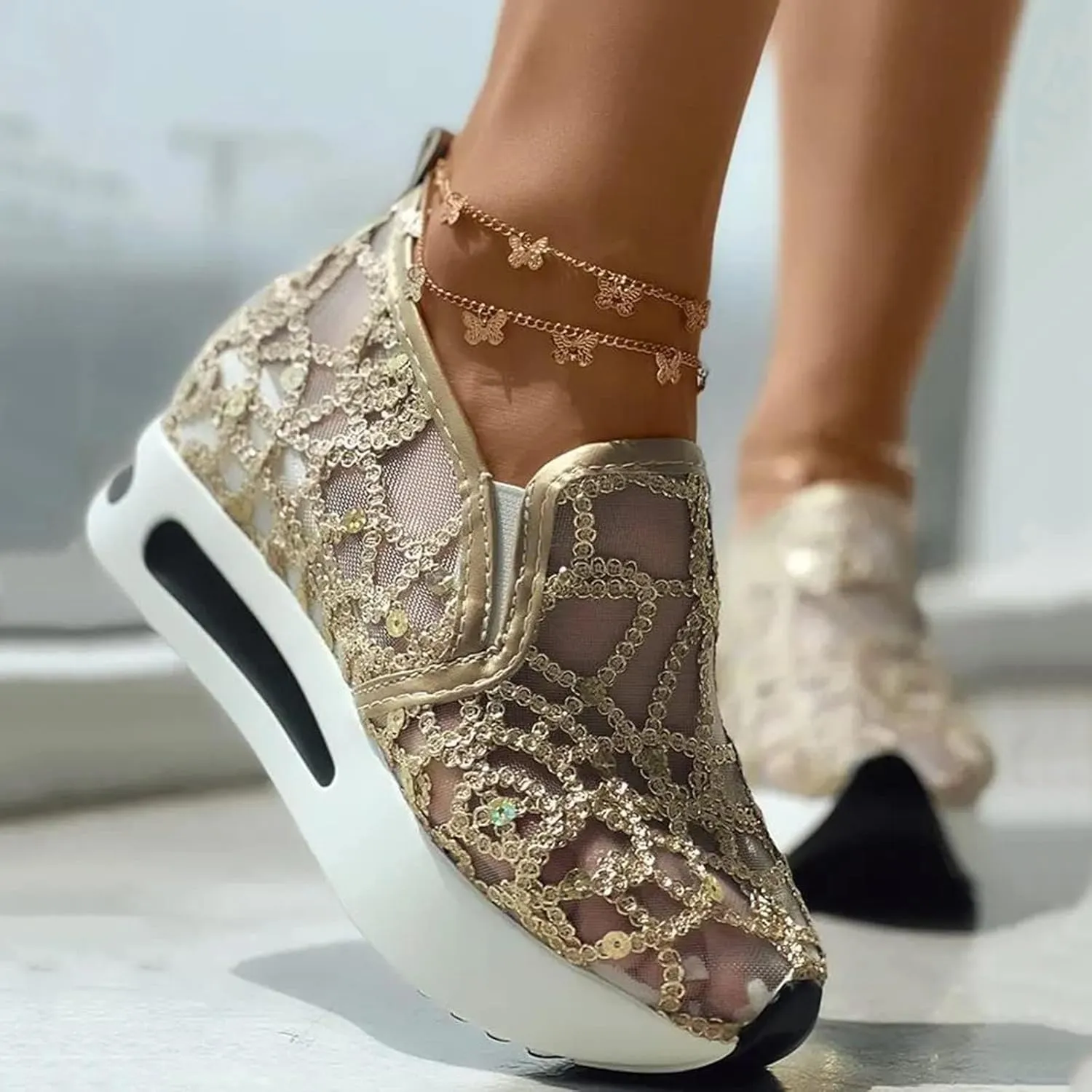 Platform Wedge Sneakers for Women Slip on Loafers Comfortable Thick Soft Shoes Arch Support Walking Work Shoes Breathable Sheer Mesh Lace Fashion Shoe Comfort Sneaker