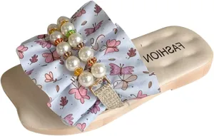 sfdgfhyf Girls Flat Sole Shoes Children Slippers Fashion Floral Ruffle Pearl Flat Bottom Flip Flop Fashion Beach Slippers