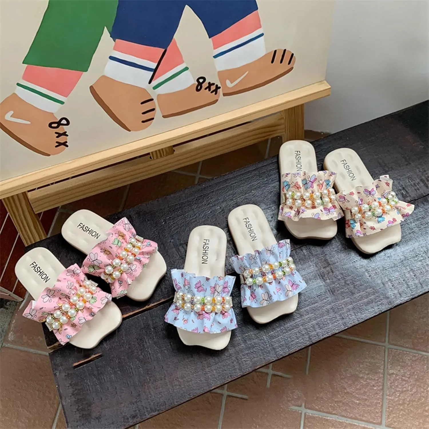 sfdgfhyf Girls Flat Sole Shoes Children Slippers Fashion Floral Ruffle Pearl Flat Bottom Flip Flop Fashion Beach Slippers
