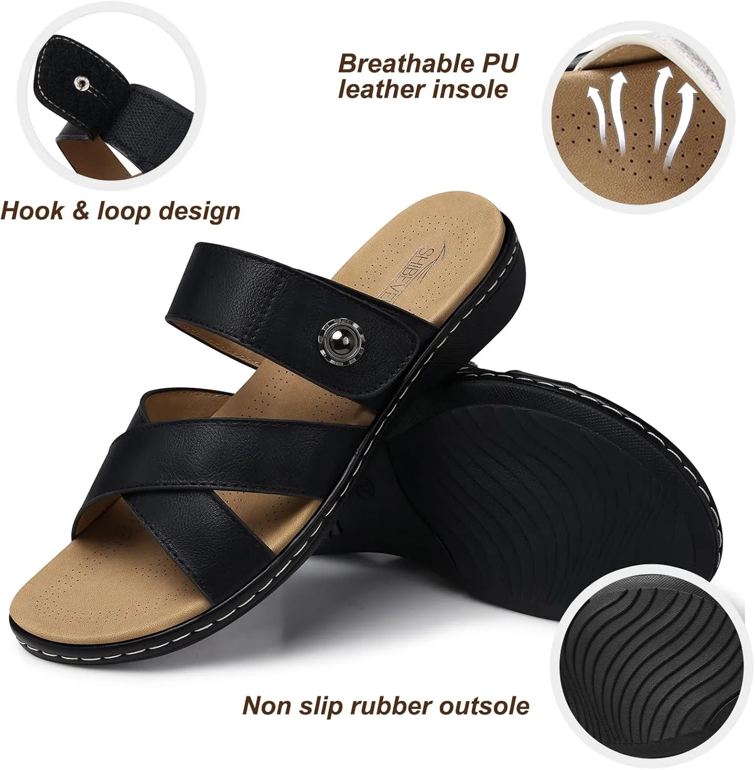 SHIBEVER Women Slides Summer Sandals: Arch Support, Comfort Walking, Adjustable Strap, Open Toe Flat Sandals Size 5-11