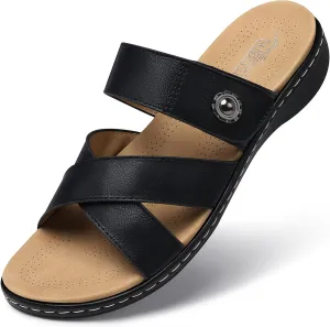 SHIBEVER Women Slides Summer Sandals: Arch Support, Comfort Walking, Adjustable Strap, Open Toe Flat Sandals Size 5-11