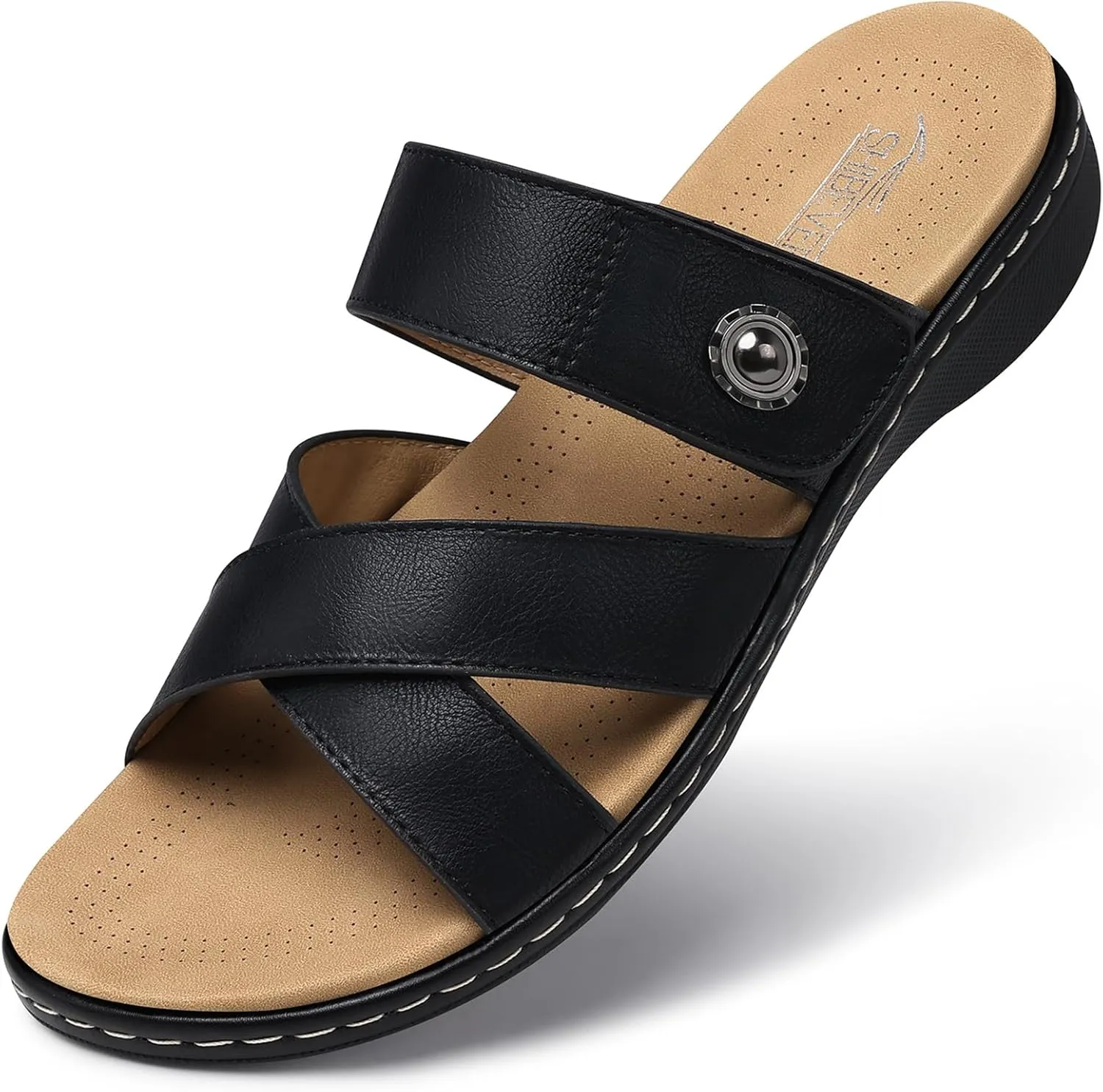 SHIBEVER Women Slides Summer Sandals: Arch Support, Comfort Walking, Adjustable Strap, Open Toe Flat Sandals Size 5-11