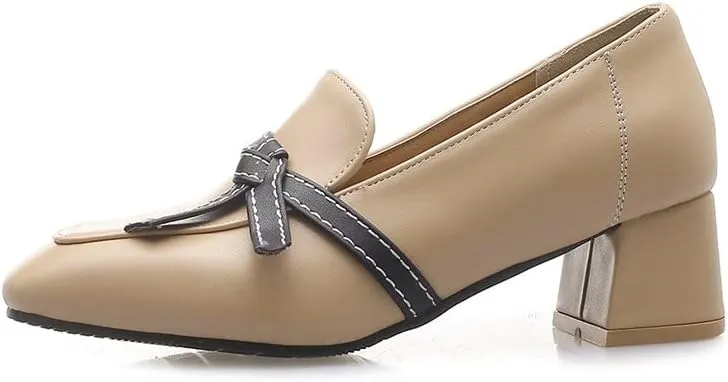 Shinelly Women Chunky Loafers Block Mid Heel Pumps with Bow Square Toe Slip On Shoes