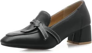 Shinelly Women Chunky Loafers Block Mid Heel Pumps with Bow Square Toe Slip On Shoes