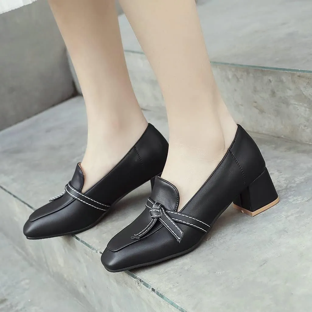 Shinelly Women Chunky Loafers Block Mid Heel Pumps with Bow Square Toe Slip On Shoes