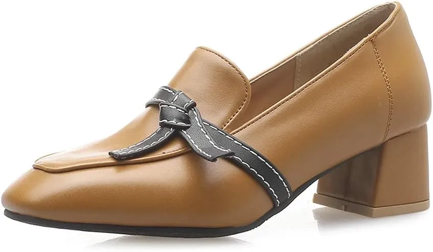 Shinelly Women Chunky Loafers Block Mid Heel Pumps with Bow Square Toe Slip On Shoes