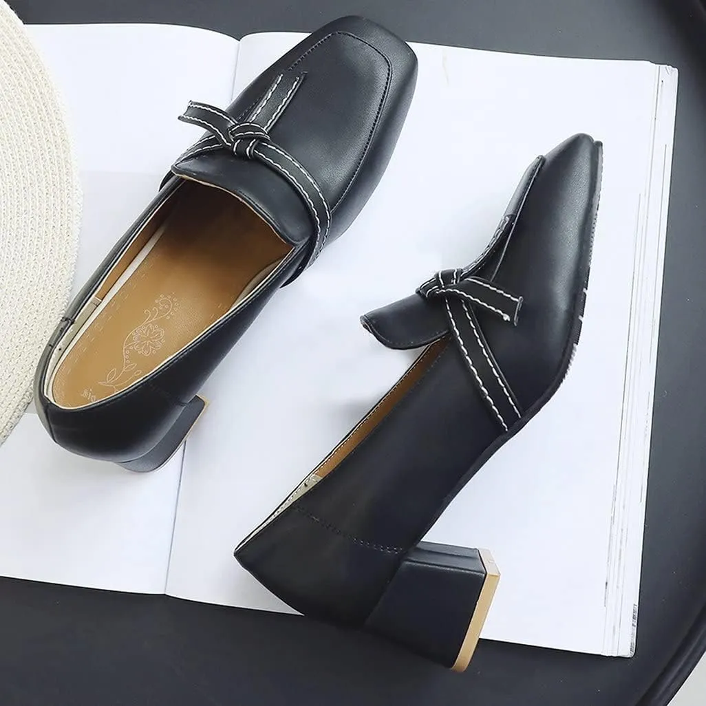 Shinelly Women Chunky Loafers Block Mid Heel Pumps with Bow Square Toe Slip On Shoes