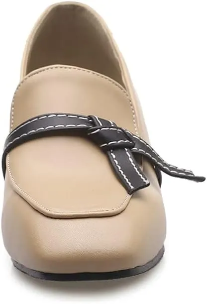 Shinelly Women Chunky Loafers Block Mid Heel Pumps with Bow Square Toe Slip On Shoes