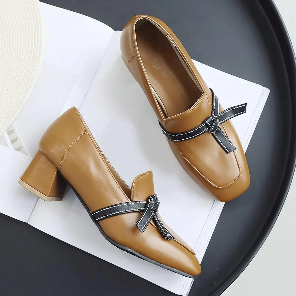 Shinelly Women Chunky Loafers Block Mid Heel Pumps with Bow Square Toe Slip On Shoes