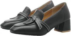 Shinelly Women Chunky Loafers Block Mid Heel Pumps with Bow Square Toe Slip On Shoes