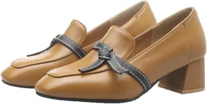 Shinelly Women Chunky Loafers Block Mid Heel Pumps with Bow Square Toe Slip On Shoes