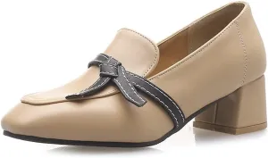 Shinelly Women Chunky Loafers Block Mid Heel Pumps with Bow Square Toe Slip On Shoes