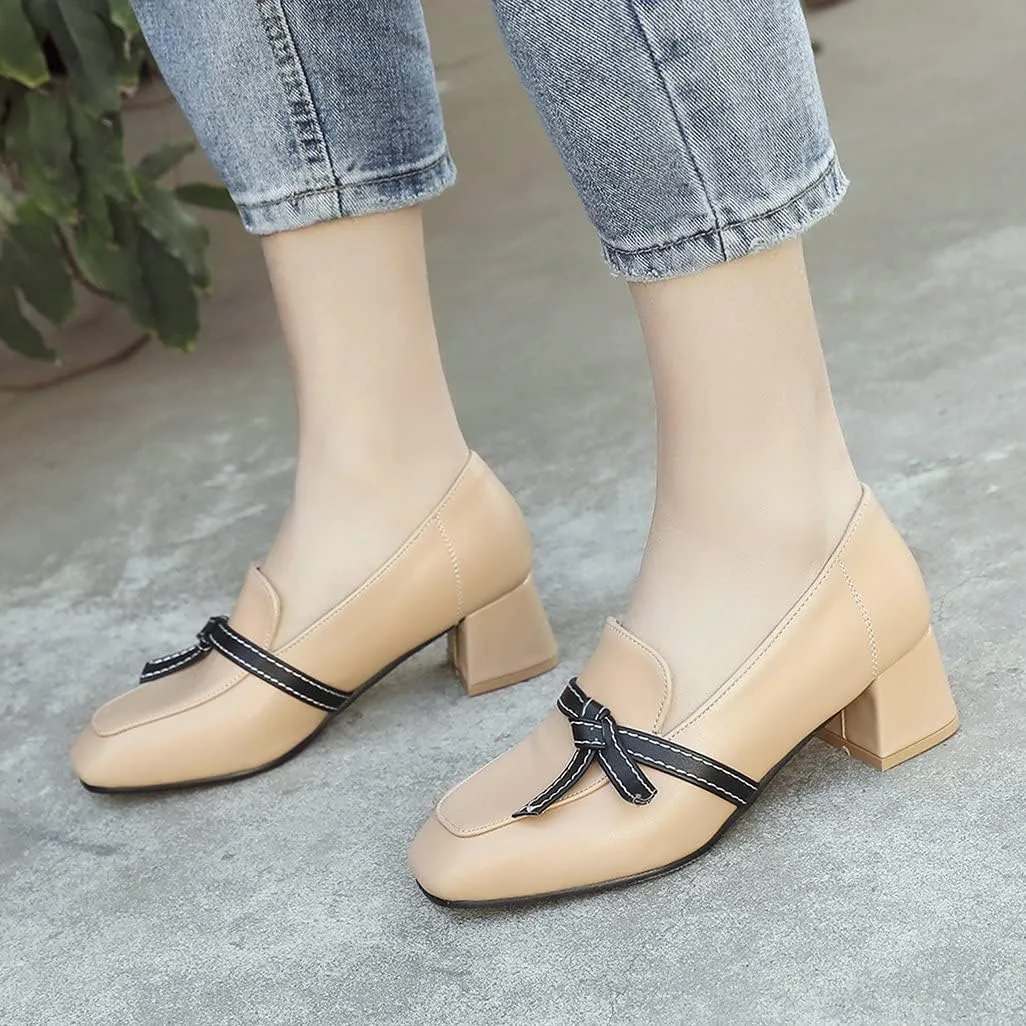 Shinelly Women Chunky Loafers Block Mid Heel Pumps with Bow Square Toe Slip On Shoes