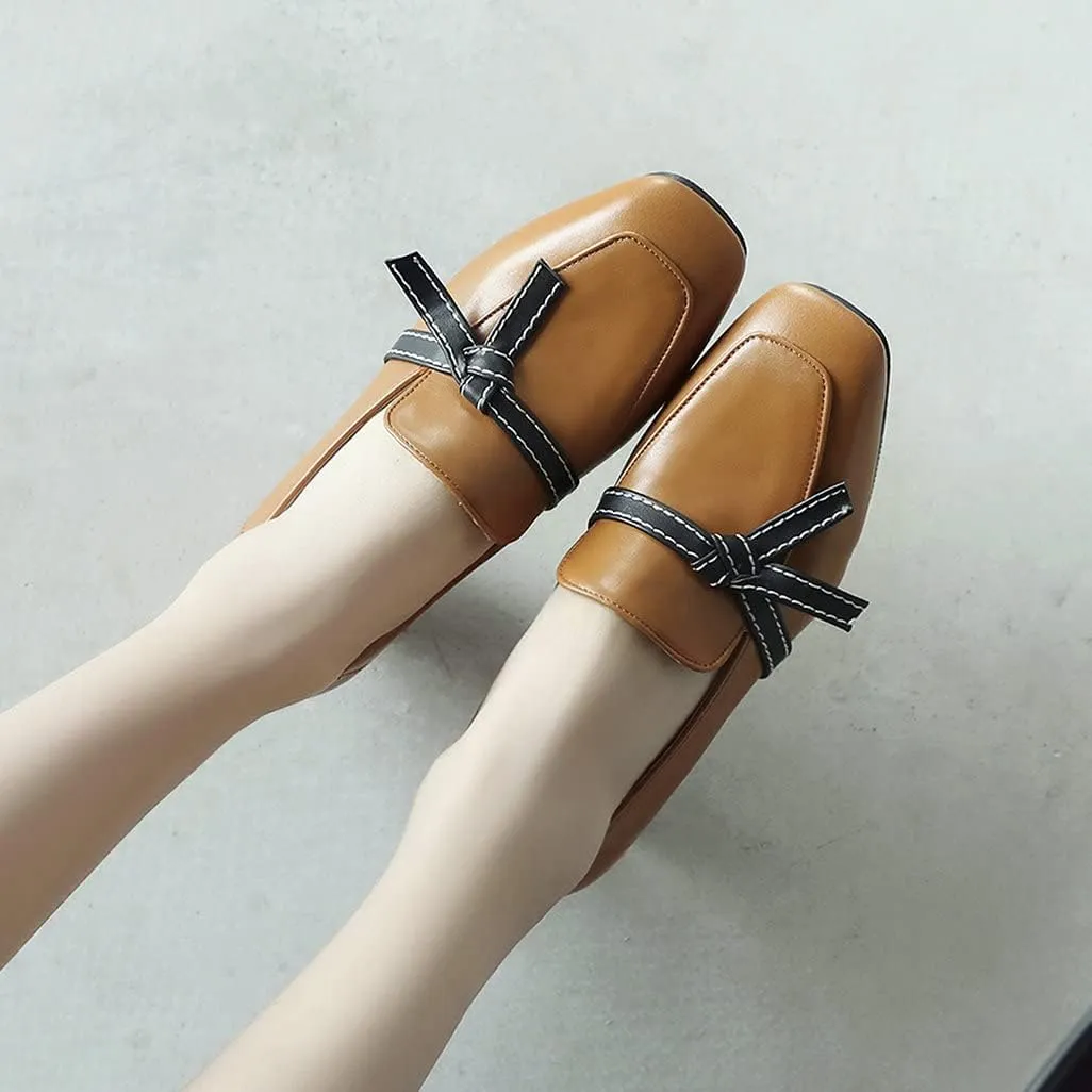 Shinelly Women Chunky Loafers Block Mid Heel Pumps with Bow Square Toe Slip On Shoes