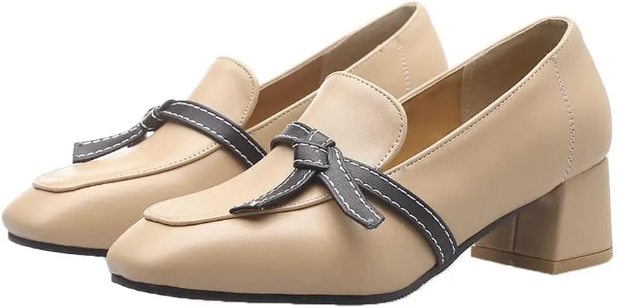 Shinelly Women Chunky Loafers Block Mid Heel Pumps with Bow Square Toe Slip On Shoes