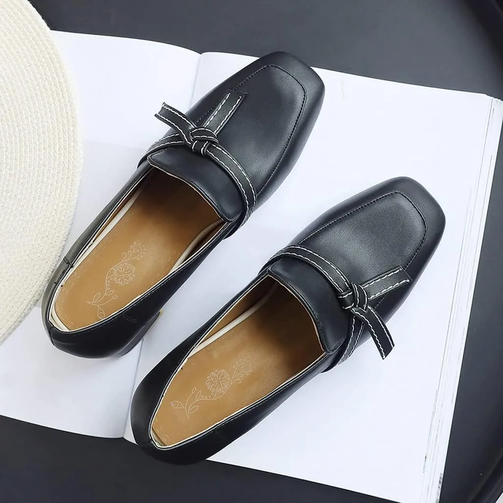 Shinelly Women Chunky Loafers Block Mid Heel Pumps with Bow Square Toe Slip On Shoes