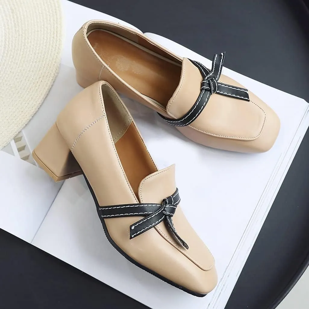 Shinelly Women Chunky Loafers Block Mid Heel Pumps with Bow Square Toe Slip On Shoes