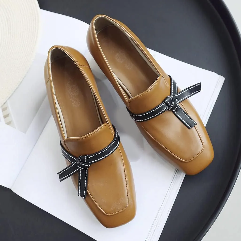 Shinelly Women Chunky Loafers Block Mid Heel Pumps with Bow Square Toe Slip On Shoes