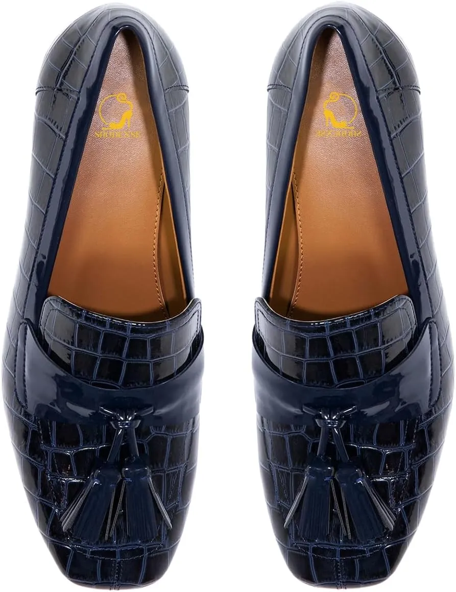 SHODENSE Women Chunky Block Heel Fringe Loafers Shoes Square Closed Toe Patent Leather Crocodile Penny Loafers Slip On Tassel Stone Pattern Oxford Shoes Dressy Office Work Formal Fall Chic 4-11 M US