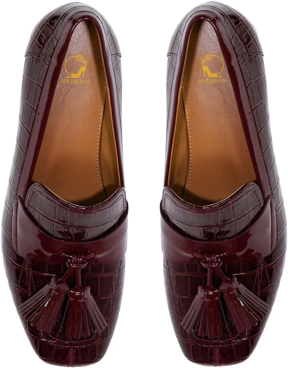 SHODENSE Women Chunky Block Heel Fringe Loafers Shoes Square Closed Toe Patent Leather Crocodile Penny Loafers Slip On Tassel Stone Pattern Oxford Shoes Dressy Office Work Formal Fall Chic 4-11 M US