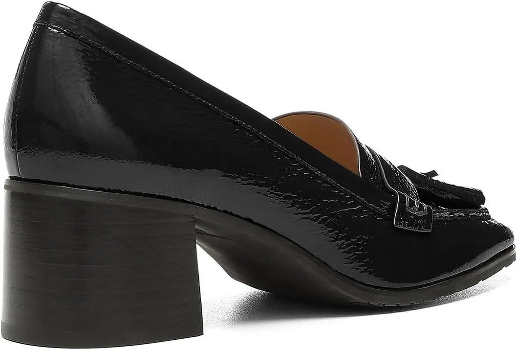 SHODENSE Women Chunky Block Heel Fringe Loafers Shoes Square Closed Toe Slip On Tassel Penny Loafer Pumps Patent Leather Mid Thick Heels Oxford Loafers Shoes Dressy Office Work Formal Fall 4-11 M US