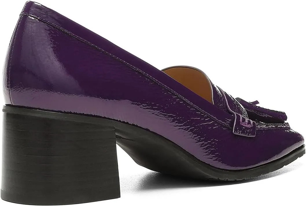 SHODENSE Women Chunky Block Heel Fringe Loafers Shoes Square Closed Toe Slip On Tassel Penny Loafer Pumps Patent Leather Mid Thick Heels Oxford Loafers Shoes Dressy Office Work Formal Fall 4-11 M US