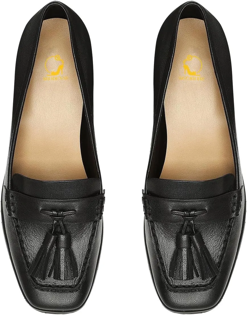 SHODENSE Women Chunky Block Heel Fringe Loafers Shoes Square Closed Toe Slip On Tassel Penny Loafer Pumps Patent Leather Mid Thick Heels Oxford Loafers Shoes Dressy Office Work Formal Fall 4-11 M US