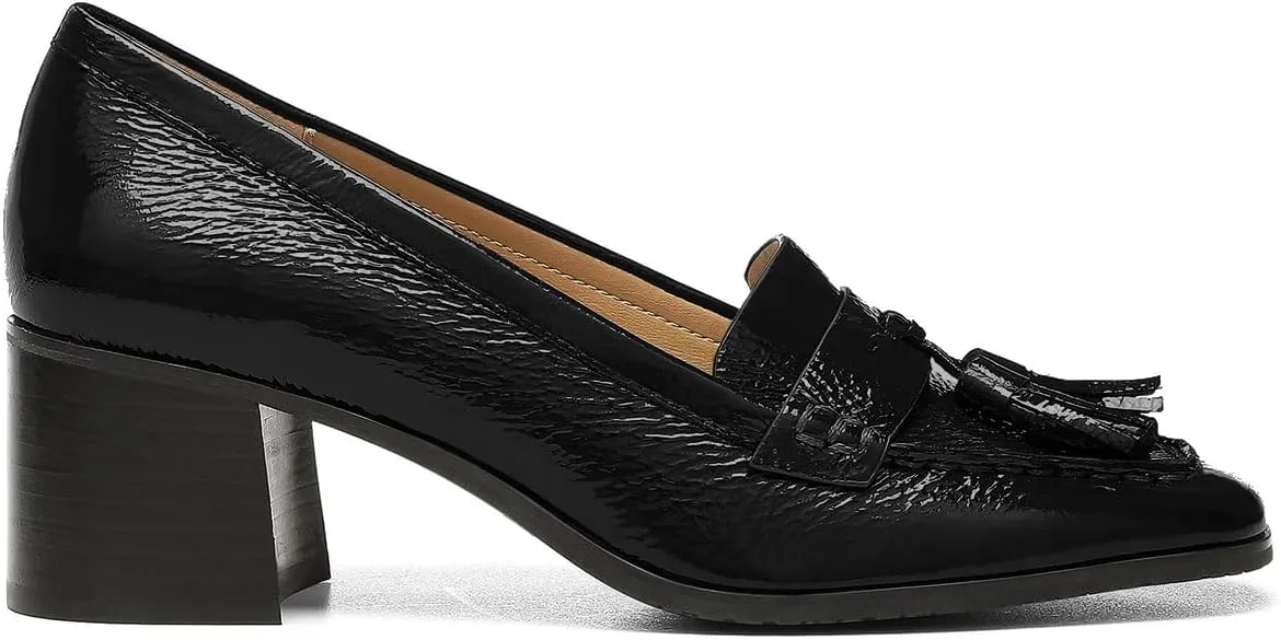SHODENSE Women Chunky Block Heel Fringe Loafers Shoes Square Closed Toe Slip On Tassel Penny Loafer Pumps Patent Leather Mid Thick Heels Oxford Loafers Shoes Dressy Office Work Formal Fall 4-11 M US