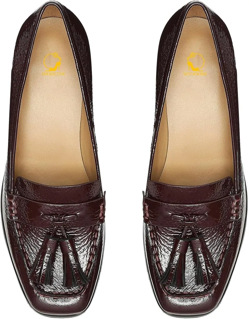 SHODENSE Women Chunky Block Heel Fringe Loafers Shoes Square Closed Toe Slip On Tassel Penny Loafer Pumps Patent Leather Mid Thick Heels Oxford Loafers Shoes Dressy Office Work Formal Fall 4-11 M US