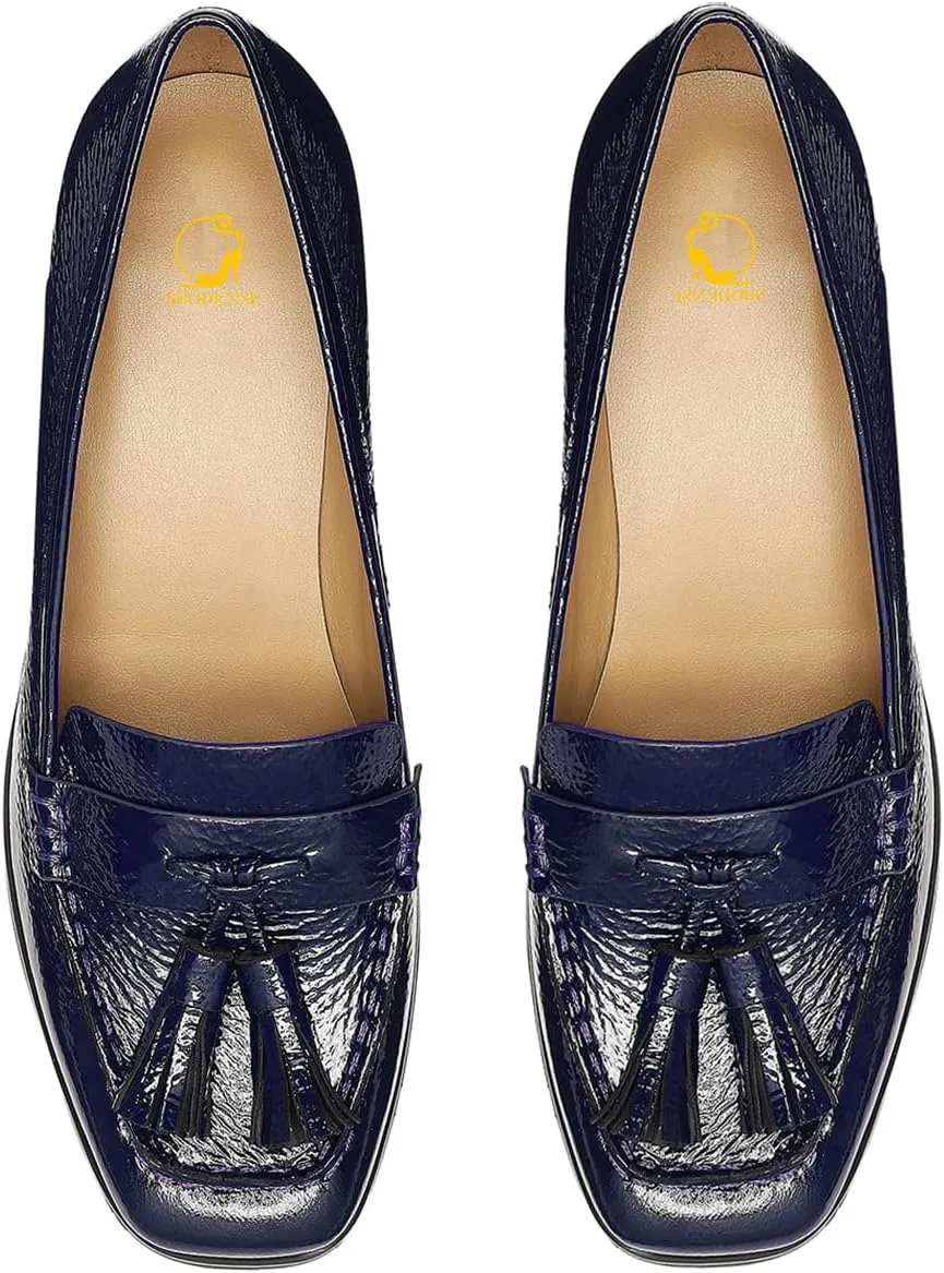 SHODENSE Women Chunky Block Heel Fringe Loafers Shoes Square Closed Toe Slip On Tassel Penny Loafer Pumps Patent Leather Mid Thick Heels Oxford Loafers Shoes Dressy Office Work Formal Fall 4-11 M US