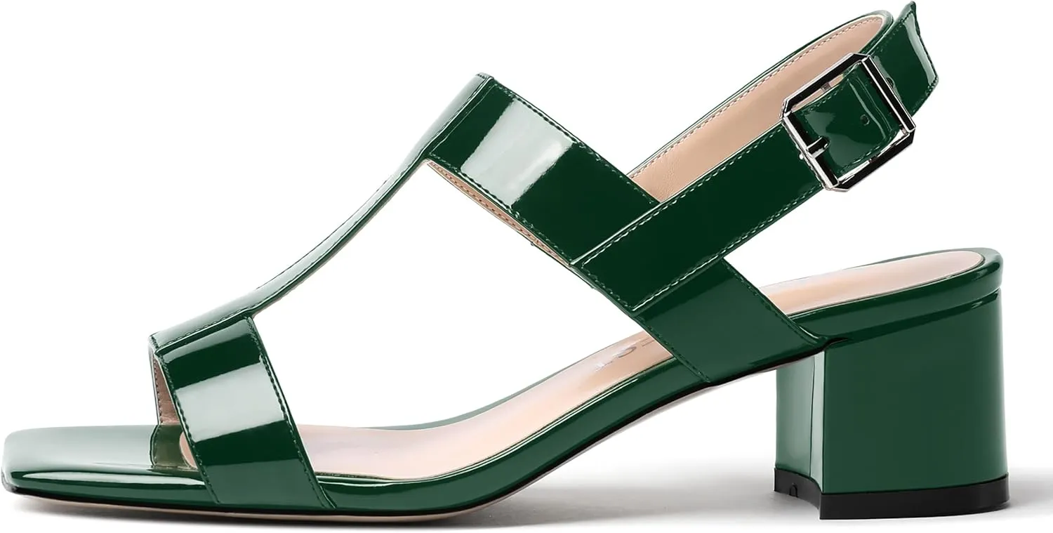 SHOWFOREST Women's Casual Slingback Office Ankle Strap Fashion Patent Square Toe Chunky Low Heel Pumps Shoes 2 Inch
