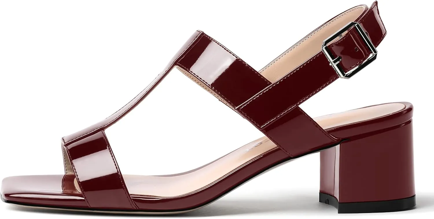 SHOWFOREST Women's Casual Slingback Office Ankle Strap Fashion Patent Square Toe Chunky Low Heel Pumps Shoes 2 Inch