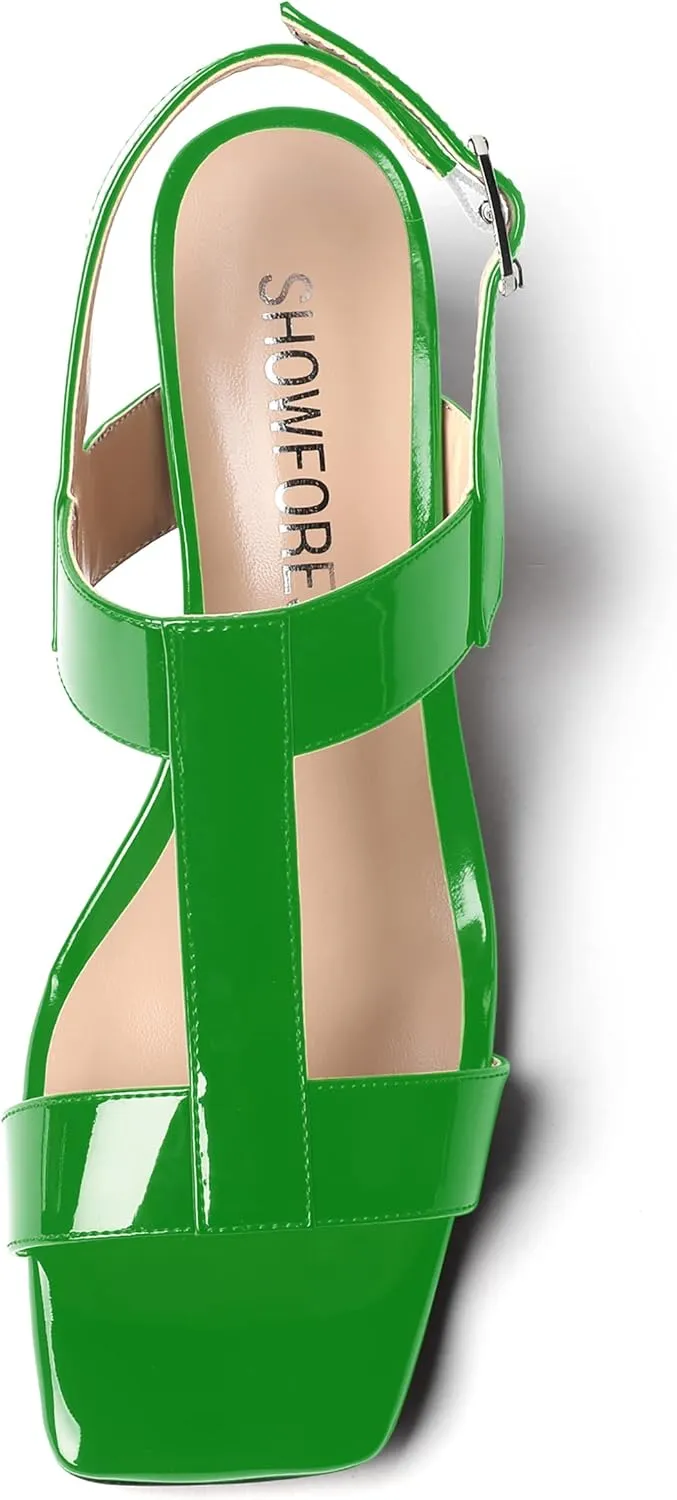 SHOWFOREST Women's Casual Slingback Office Ankle Strap Fashion Patent Square Toe Chunky Low Heel Pumps Shoes 2 Inch