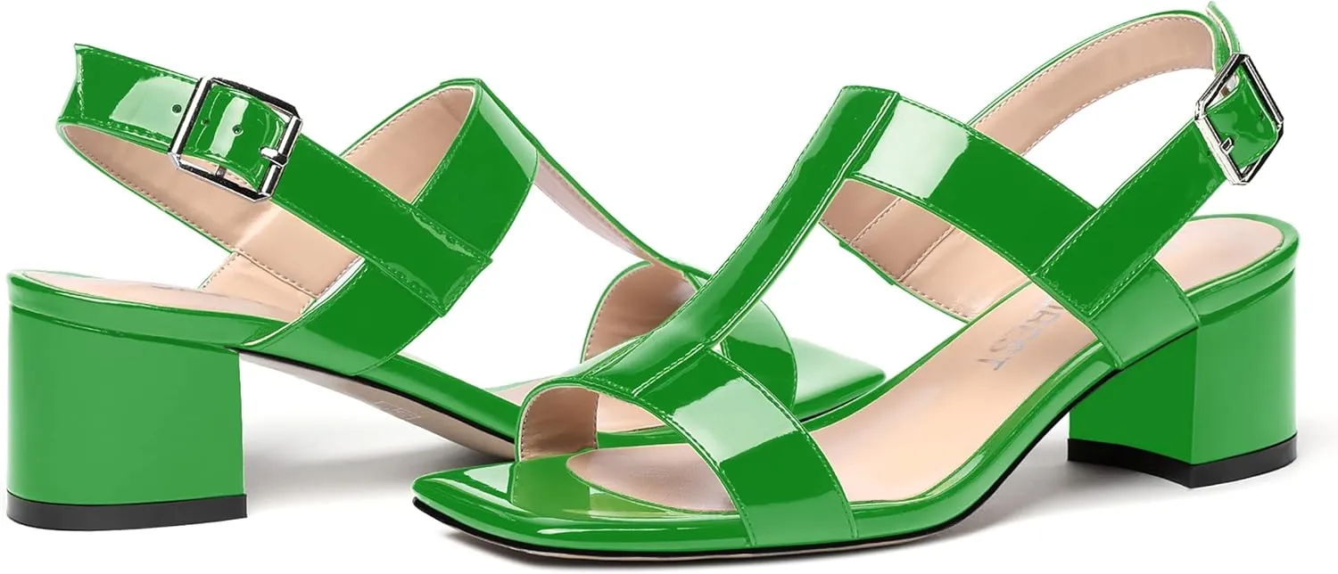 SHOWFOREST Women's Casual Slingback Office Ankle Strap Fashion Patent Square Toe Chunky Low Heel Pumps Shoes 2 Inch