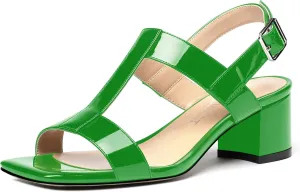 SHOWFOREST Women's Casual Slingback Office Ankle Strap Fashion Patent Square Toe Chunky Low Heel Pumps Shoes 2 Inch