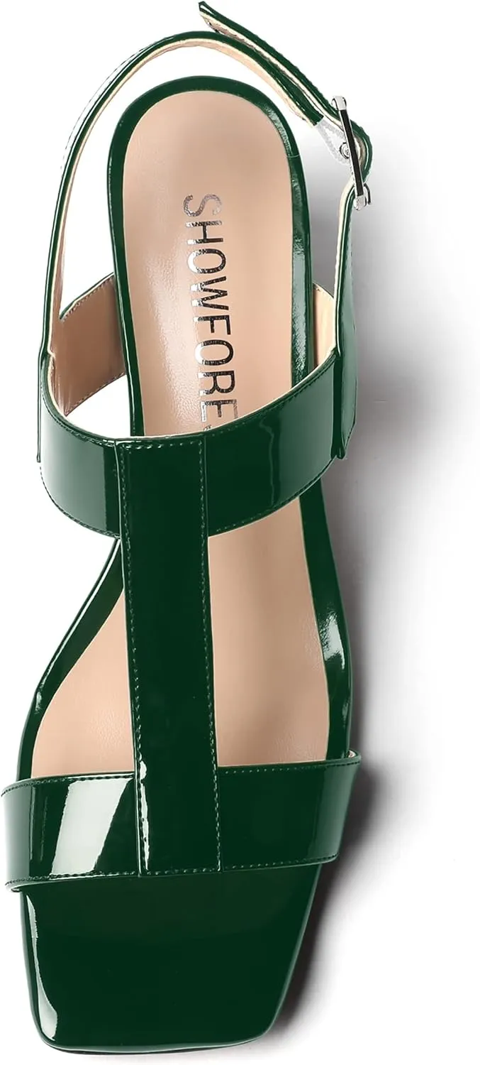 SHOWFOREST Women's Casual Slingback Office Ankle Strap Fashion Patent Square Toe Chunky Low Heel Pumps Shoes 2 Inch