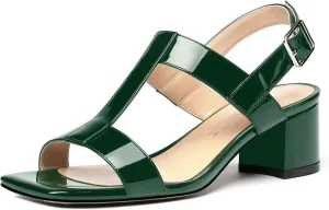 SHOWFOREST Women's Casual Slingback Office Ankle Strap Fashion Patent Square Toe Chunky Low Heel Pumps Shoes 2 Inch