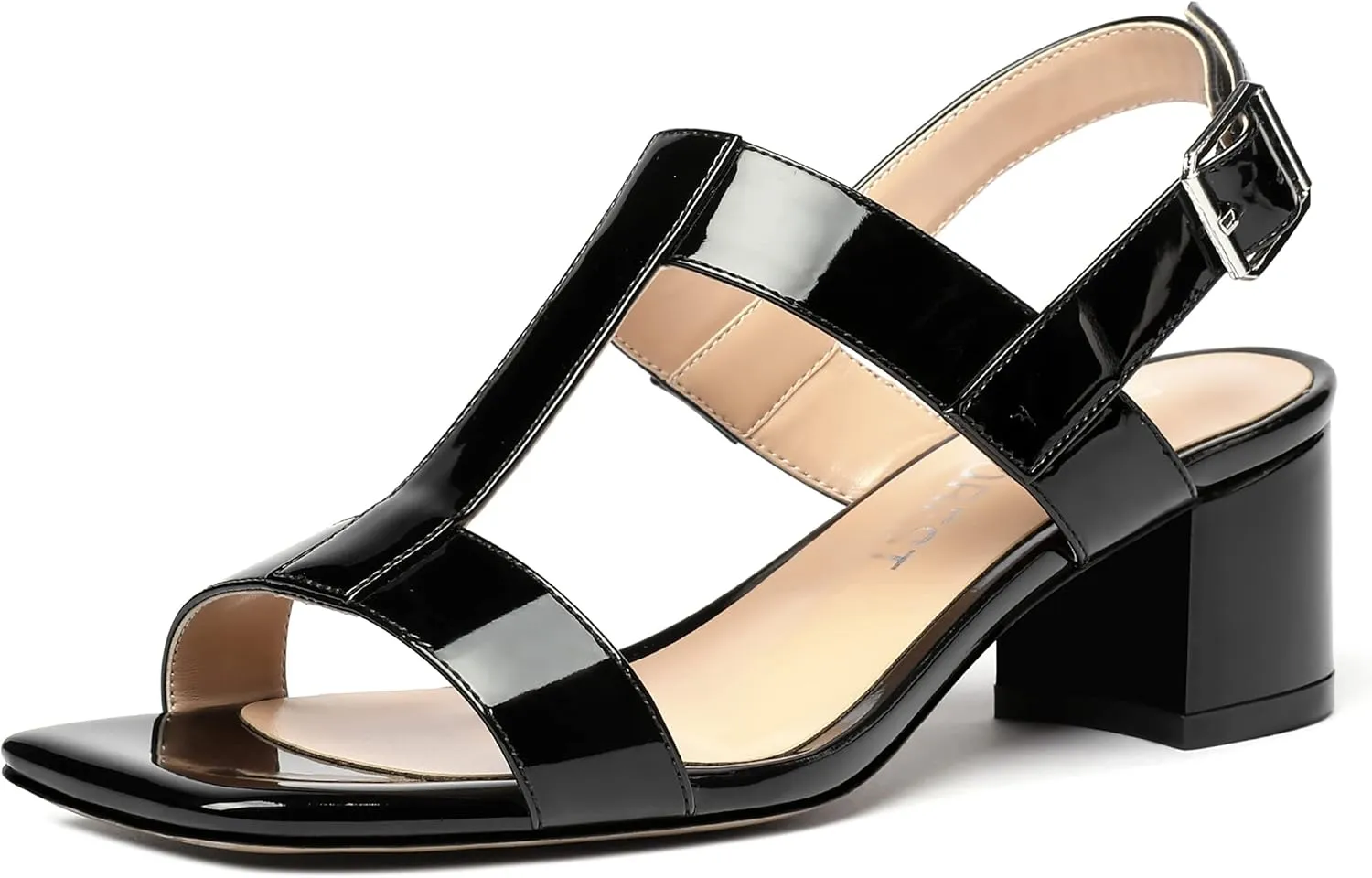 SHOWFOREST Women's Casual Slingback Office Ankle Strap Fashion Patent Square Toe Chunky Low Heel Pumps Shoes 2 Inch