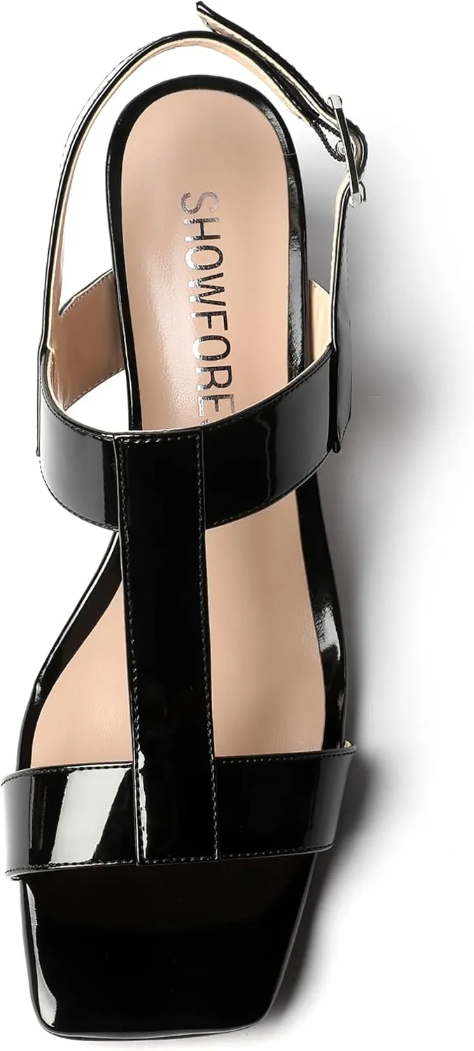 SHOWFOREST Women's Casual Slingback Office Ankle Strap Fashion Patent Square Toe Chunky Low Heel Pumps Shoes 2 Inch