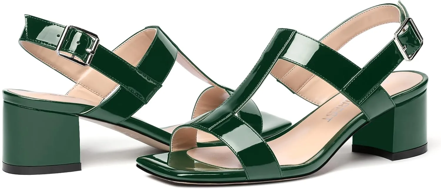 SHOWFOREST Women's Casual Slingback Office Ankle Strap Fashion Patent Square Toe Chunky Low Heel Pumps Shoes 2 Inch