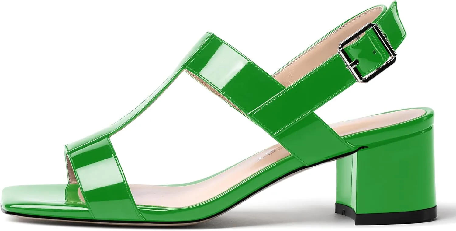 SHOWFOREST Women's Casual Slingback Office Ankle Strap Fashion Patent Square Toe Chunky Low Heel Pumps Shoes 2 Inch