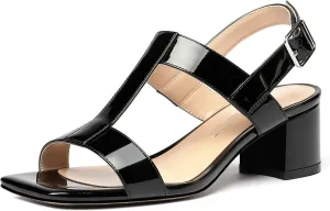 SHOWFOREST Women's Casual Slingback Office Ankle Strap Fashion Patent Square Toe Chunky Low Heel Pumps Shoes 2 Inch