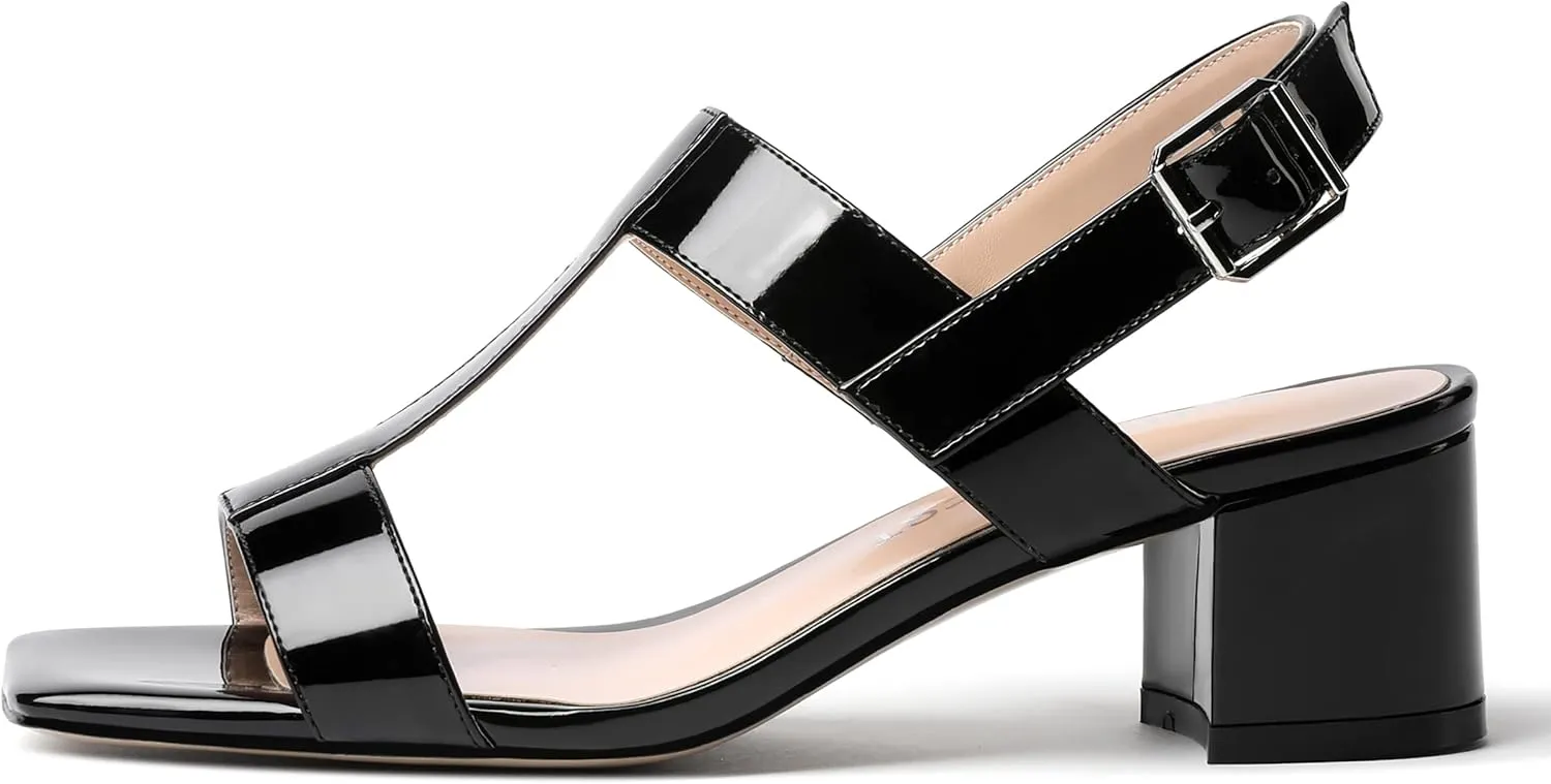 SHOWFOREST Women's Casual Slingback Office Ankle Strap Fashion Patent Square Toe Chunky Low Heel Pumps Shoes 2 Inch